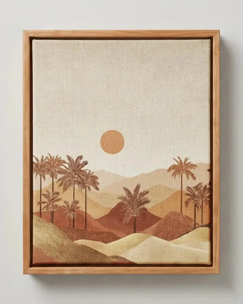 Desert Oasis square palm canvas print in solid pine floating frame