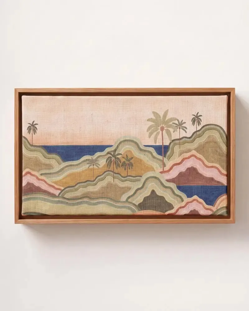 Coastal Layers abstract beach canvas print in solid pine floating frame
