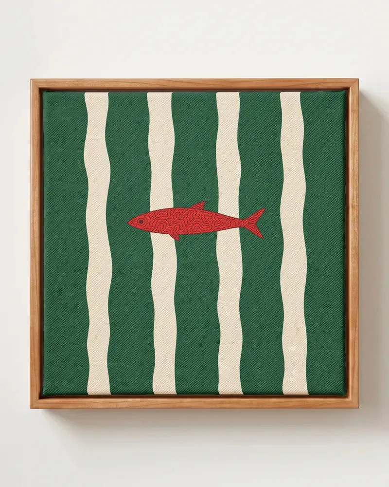 Crimson Sardine square canvas print, red sardine on green wavy stripes, in solid pine floating frame