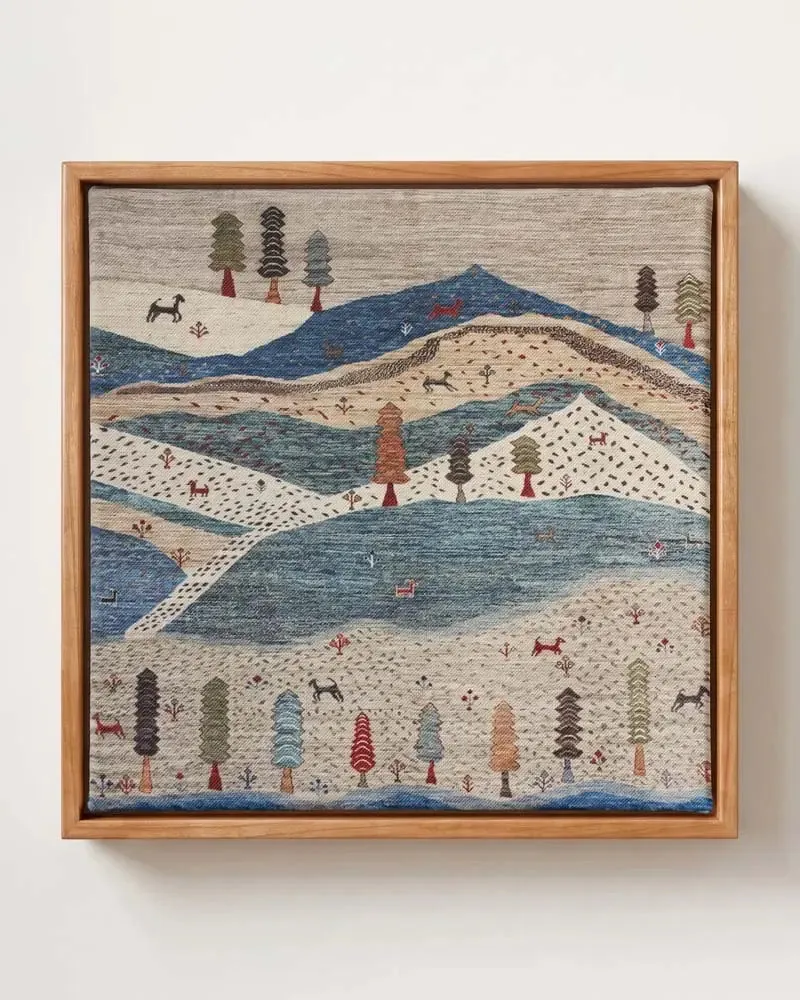 Curated Folk landscape tapestry canvas print in solid pine floating frame