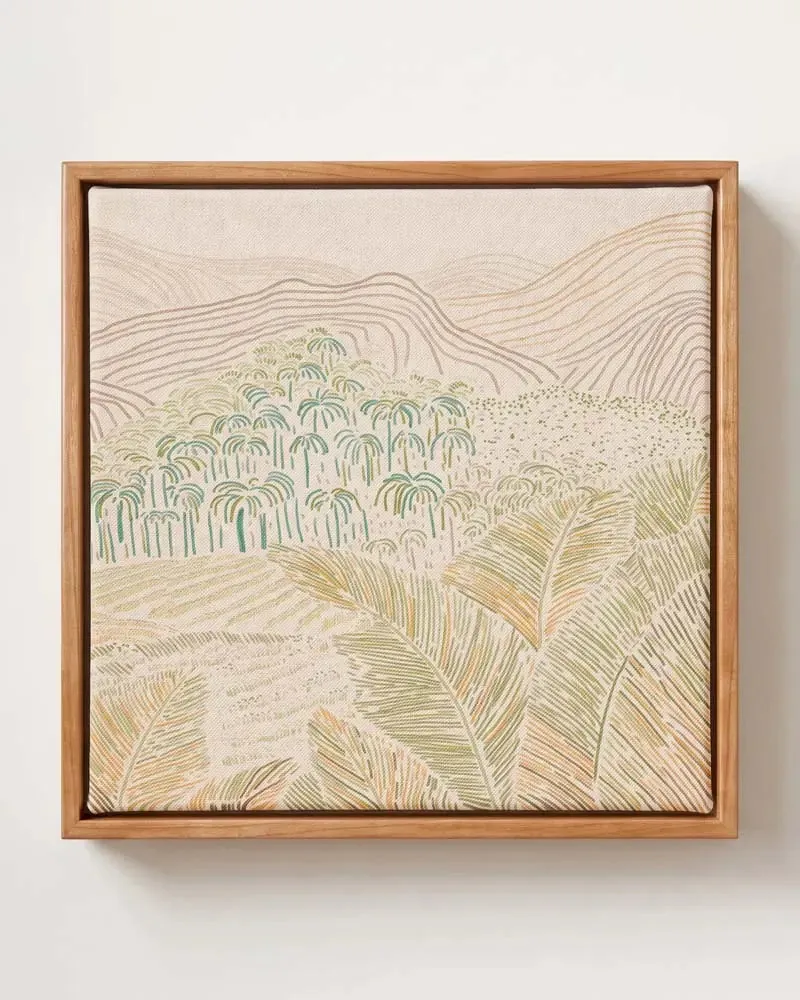 Desert Palms line-art palm grove canvas print in solid pine floating frame