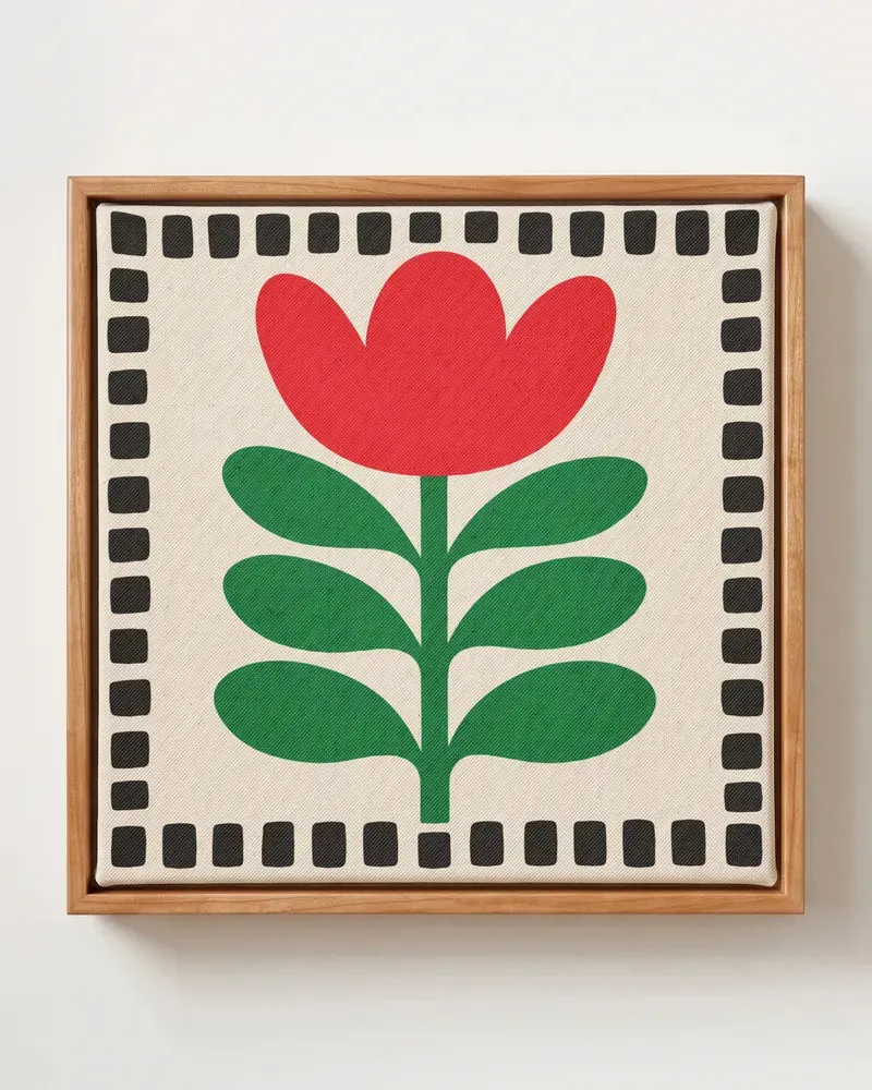 Folk Tulip square canvas print, red folk tulip with black border, in solid pine floating frame