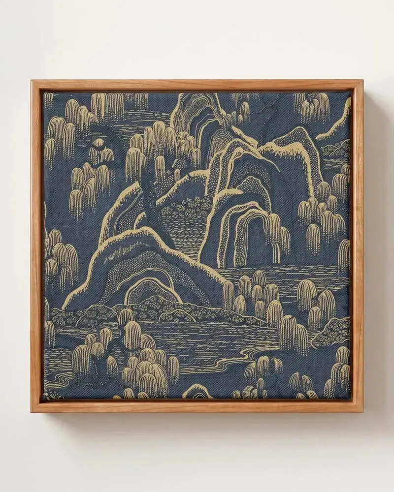 Midnight Peaks gold mountain landscape canvas print in solid pine floating frame