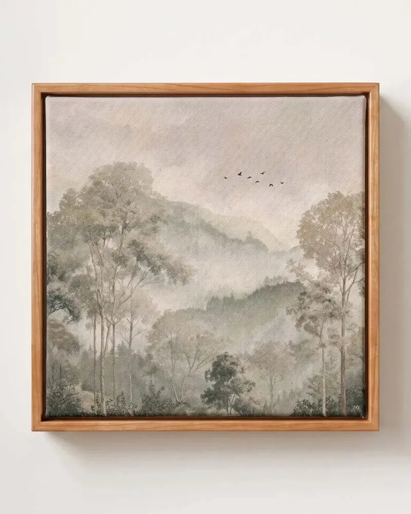 Palm Serenity misty forest canvas print in solid pine floating frame