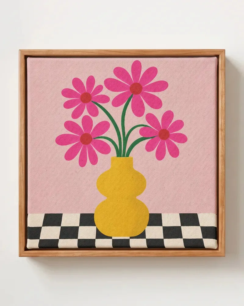 Pink Daisy Vase square canvas print, pink daisies in a yellow vase, in solid pine floating frame