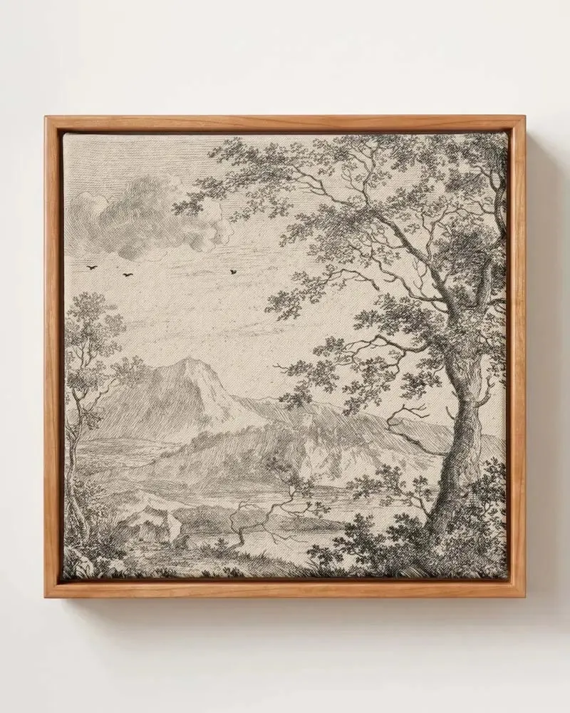 The Quiet Valley vintage mountain landscape canvas print in solid pine floating frame