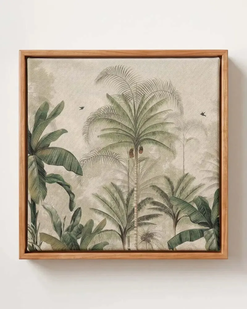 Tropical Whispers palm jungle canvas print in solid pine floating frame