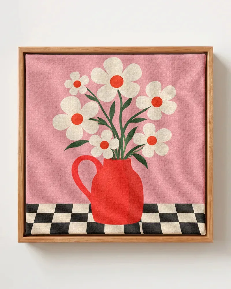 White Blooms Red Jug square canvas print, white flowers in a red jug, in solid pine floating frame